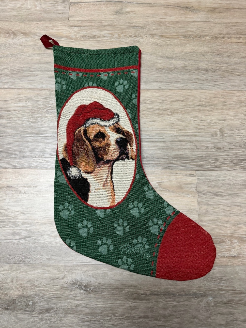 Festive Beagle Christmas Stocking - Green & Red